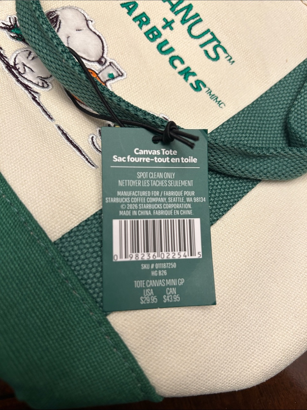 Starbucks Peanuts Canvas Tote in White and Green - Picture 5 of 5